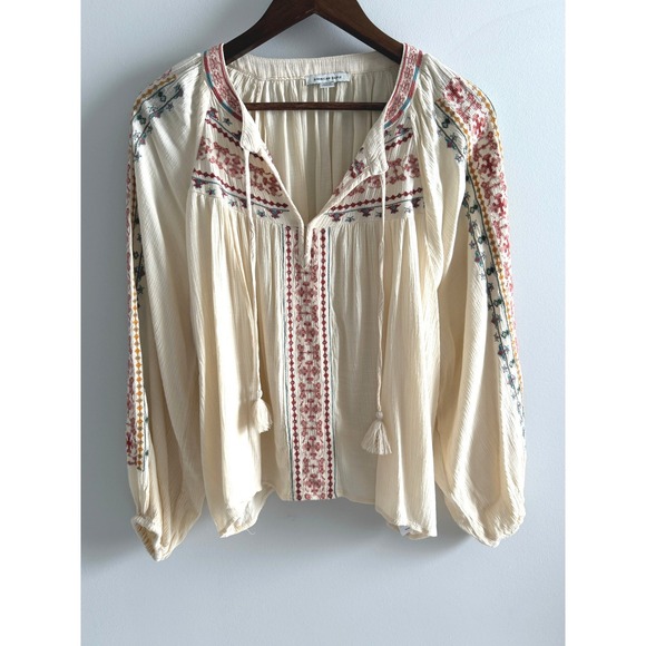 American Eagle Outfitters Tops - American Eagle Embroidered Large Peasant Blouse Boho Tassel Balloon Sleeve Top